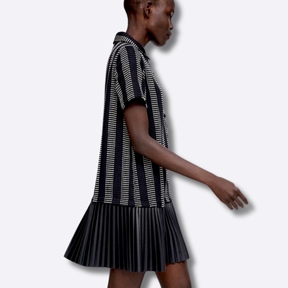 Zara Black + White Textured Woven Vegan Leather Pleated Dress *RARE* - Picture 3 of 11